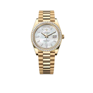 Rolex Day-Date 40 228398TBR Yellow Gold Mother of Pearl Diamond Baguette Dial and Bezel